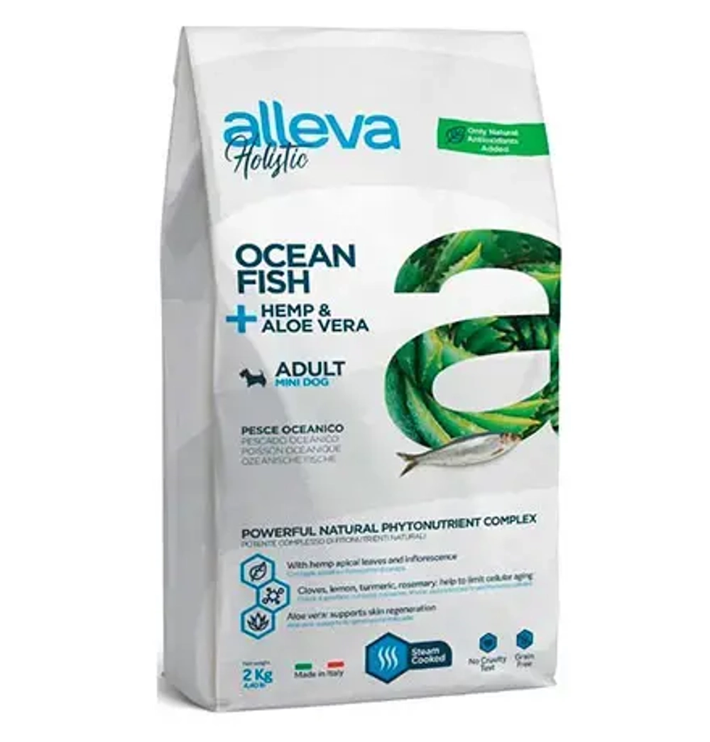 Alleva holistic adult ocean fish mini сухой корм для взрослых собак с океанической рыбой, коноплей и алое вера - 2 кг