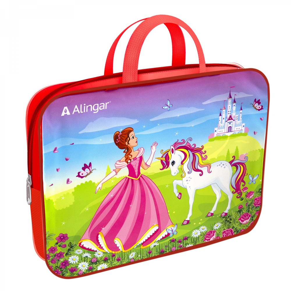 Папка с ручками 1 отделение, А4 260х340х80 мм, Alingar, ПВХ, ручки тесьма, дизайн с одной стороны, молния сверху, внут. карман, "Принцесса и единорог"