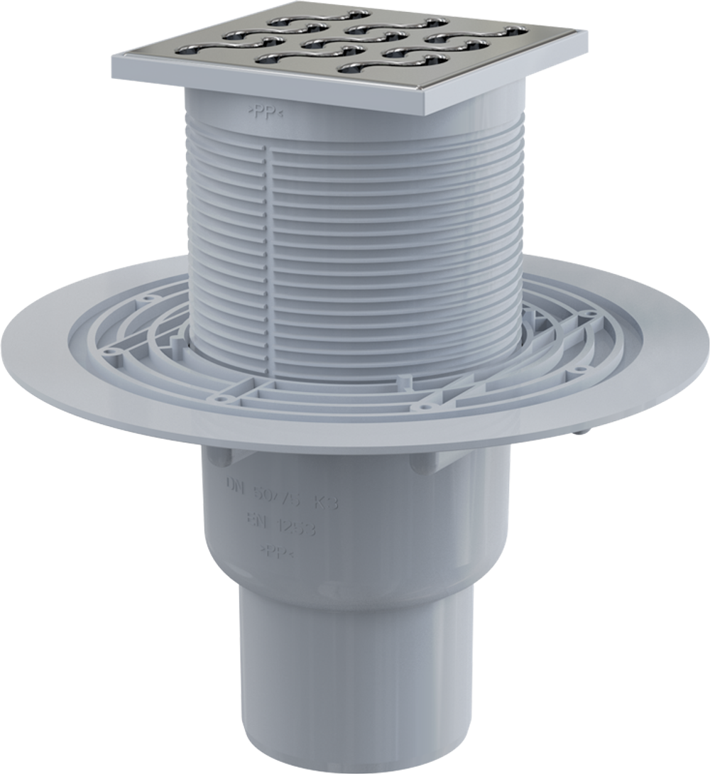 Сливной трап APV202 105 × 105/50/75, подводка – прямая, решетка латунь-хром, гидрозатвор – мокрый