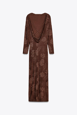 ZARA ЖАККАРДОВОЕ ПЛАТЬЕ С ОТКРЫТОЙ СПИНОЙ, КОРИЧНЕВЫЙ