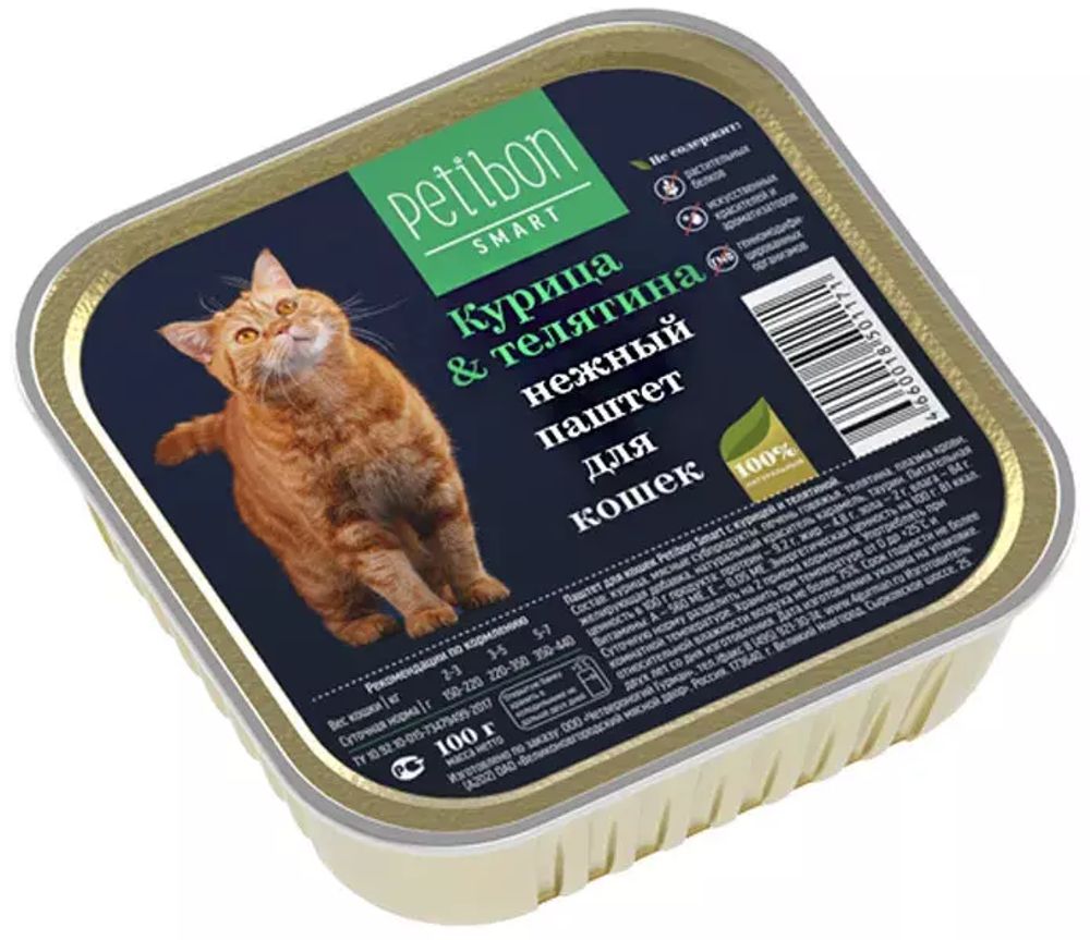 Влажный корм Petibon для кошек, паштет с курицей и телятиной, 100 г