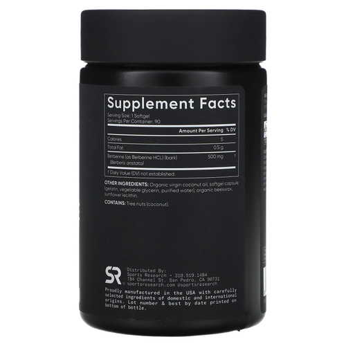 Sports Research, берберин с кокосовым маслом, 500 мг, 90 капсул