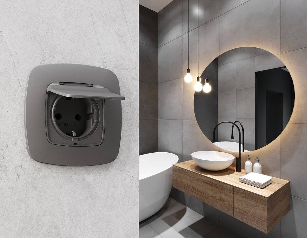 MO658010 Комплект механизма электрической розетки OMEGA Антрацит серый с/з с шторками и крышкой IP44 QUANT (OP6580, VM141)