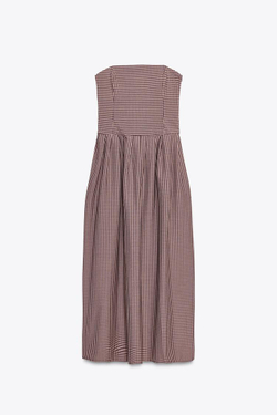 ZARA ПЛАТЬЕ МИДИ БЕЗ БРЕТЕЛЕЙ В КЛЕТКУ ВИШИ, ТЕМНО-РОЗОВЫЙ