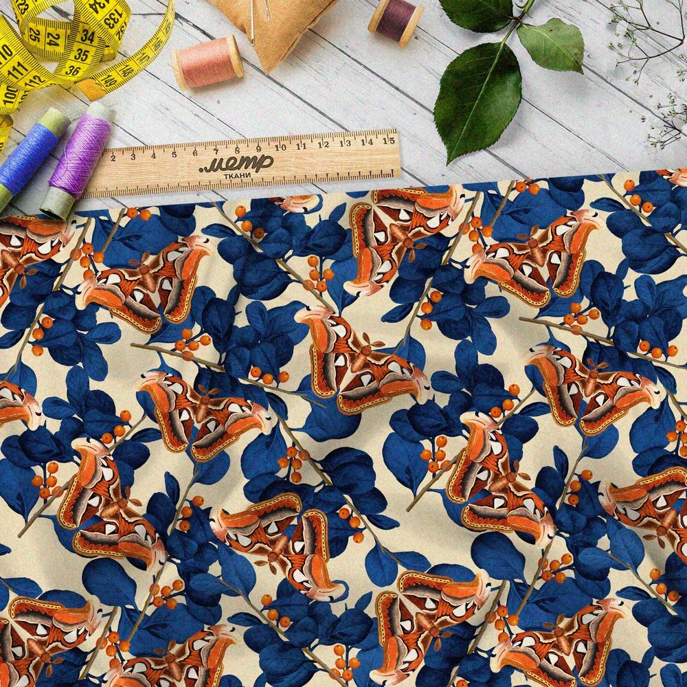 Ткань лён оранжевые бабочки и синие листья на жёлтом фоне