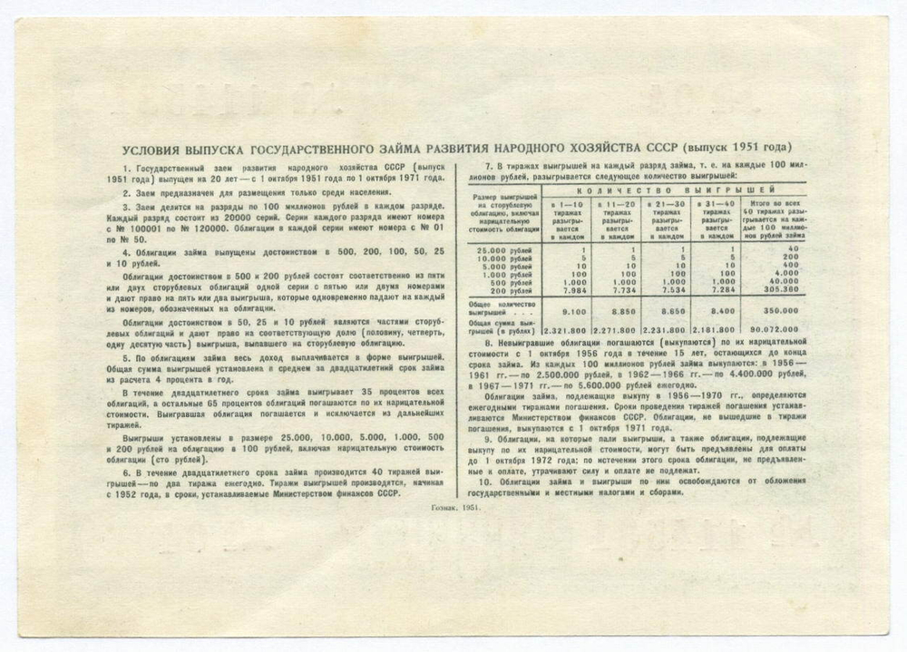 Облигация 10 рублей 1951 год. Серия № 114531. XF