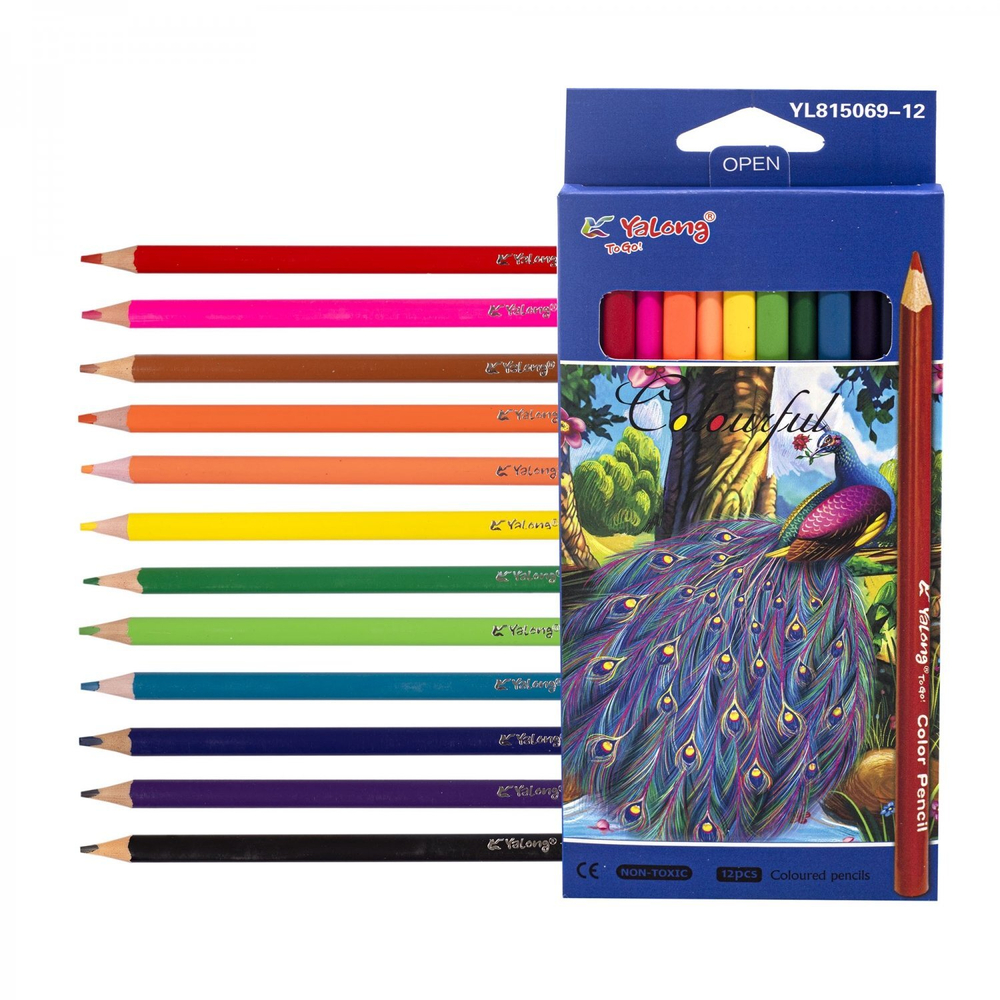 Карандаши цветные Yalong 12 цв., "ZOO-1" деревянные, трехгранные, заточенные, грифель 3.0 мм, картон. уп., европодвес