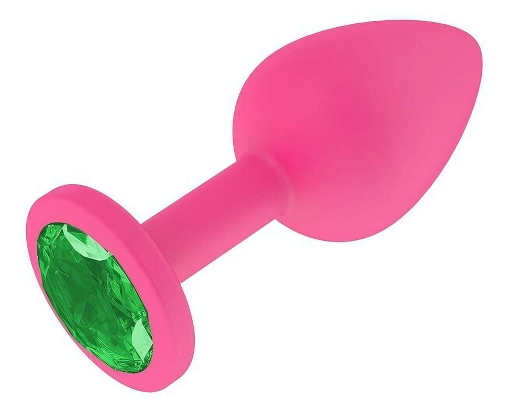 Средняя розовая пробка с зеленым кристаллом ONJOY Silicone Collection (Цвет: розовый с зеленым)
