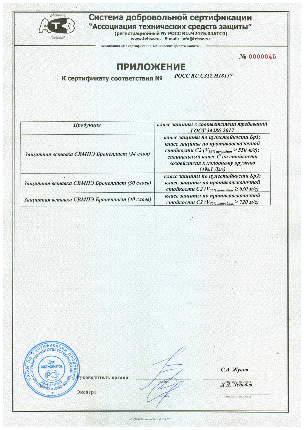 Комплект защитных вставок СВМПЭ для жилета "М1" Бр1, С2