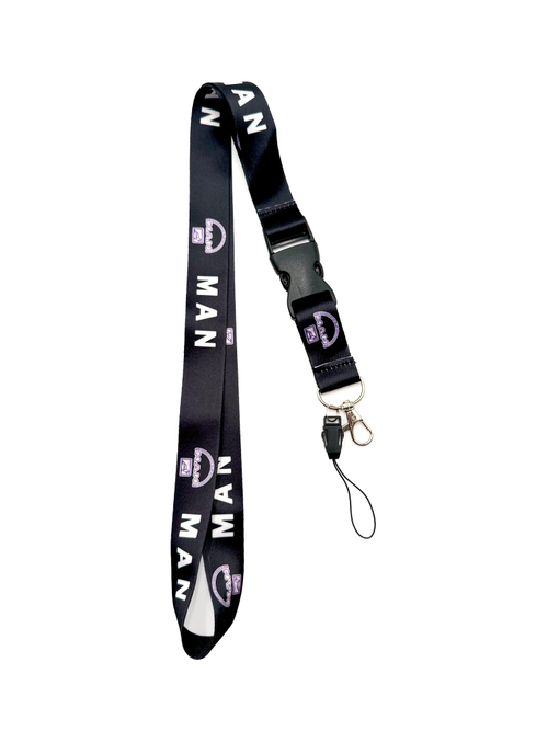 Шнурок на шею MAN (МАН). Ланъярд для ключей, бейджа, телефона. Черный цвет с белым лого.