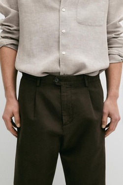Massimo Dutti Прямые брюки из льна и хлопка с вытачками, коричневый