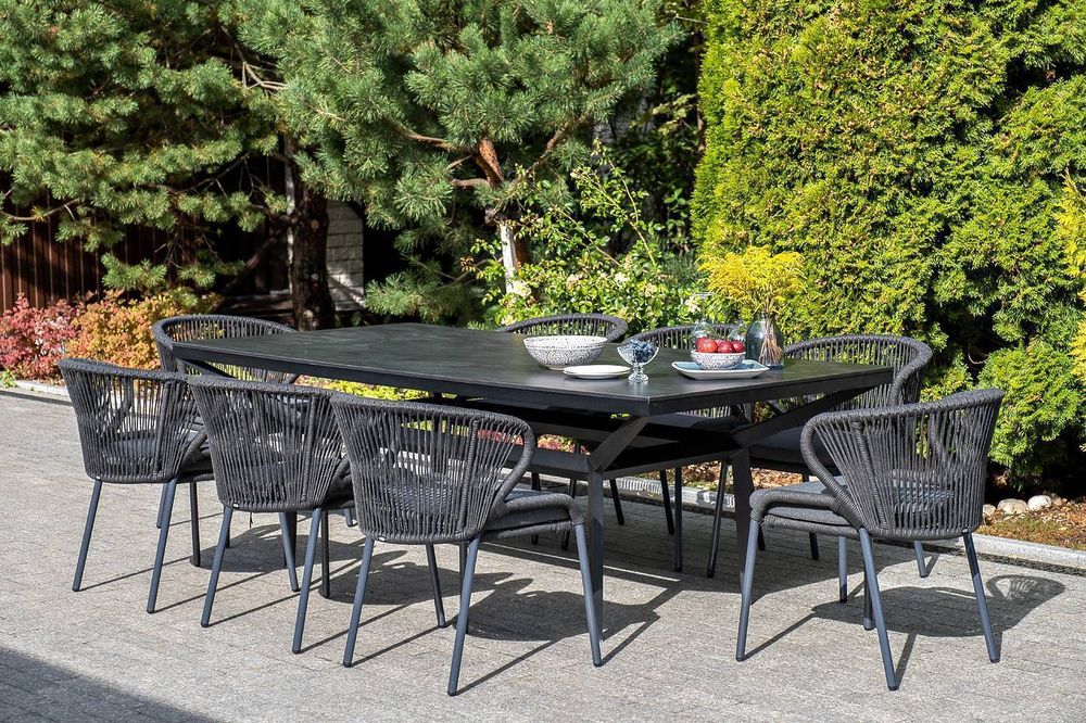 "Милан" стул плетеный из роупа, каркас алюминий темно-серый (RAL7024) муар, роуп темно-серый круглый, ткань темно-серая 027