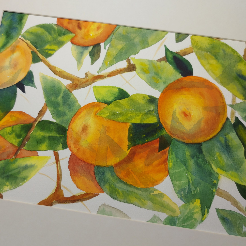 Картина авторская акварельная в паспарту 30х40 см на стену для интерьера "Мандарин"