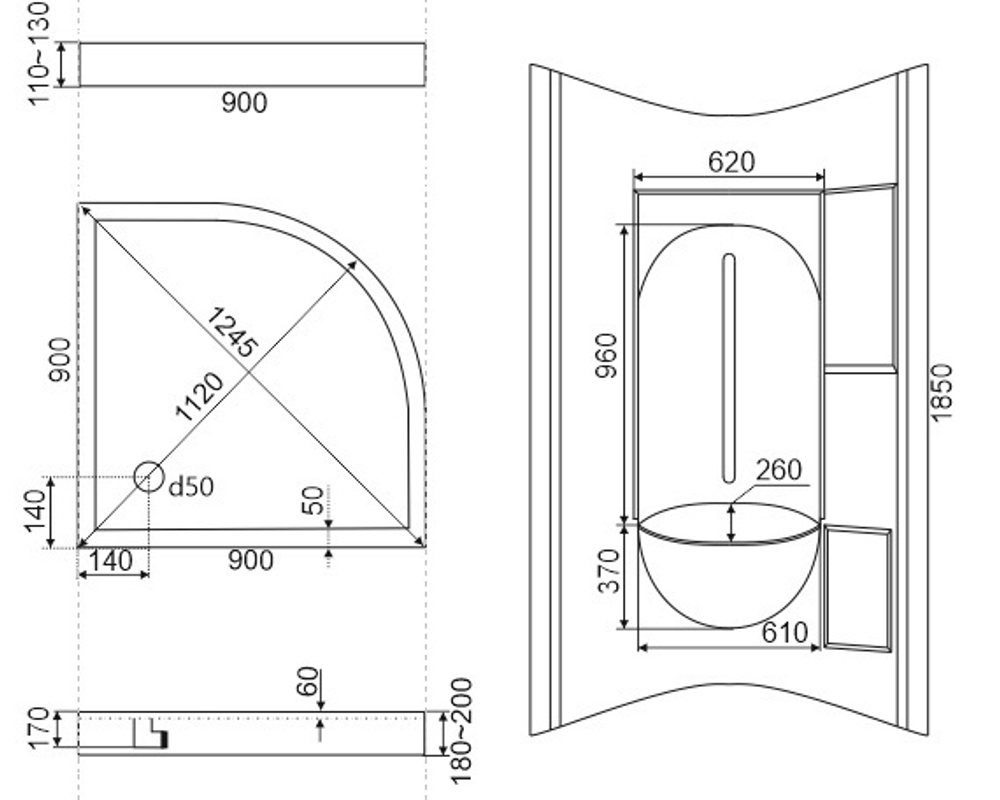 Душевой поддон Bas Плуто 90 90x90см. схема