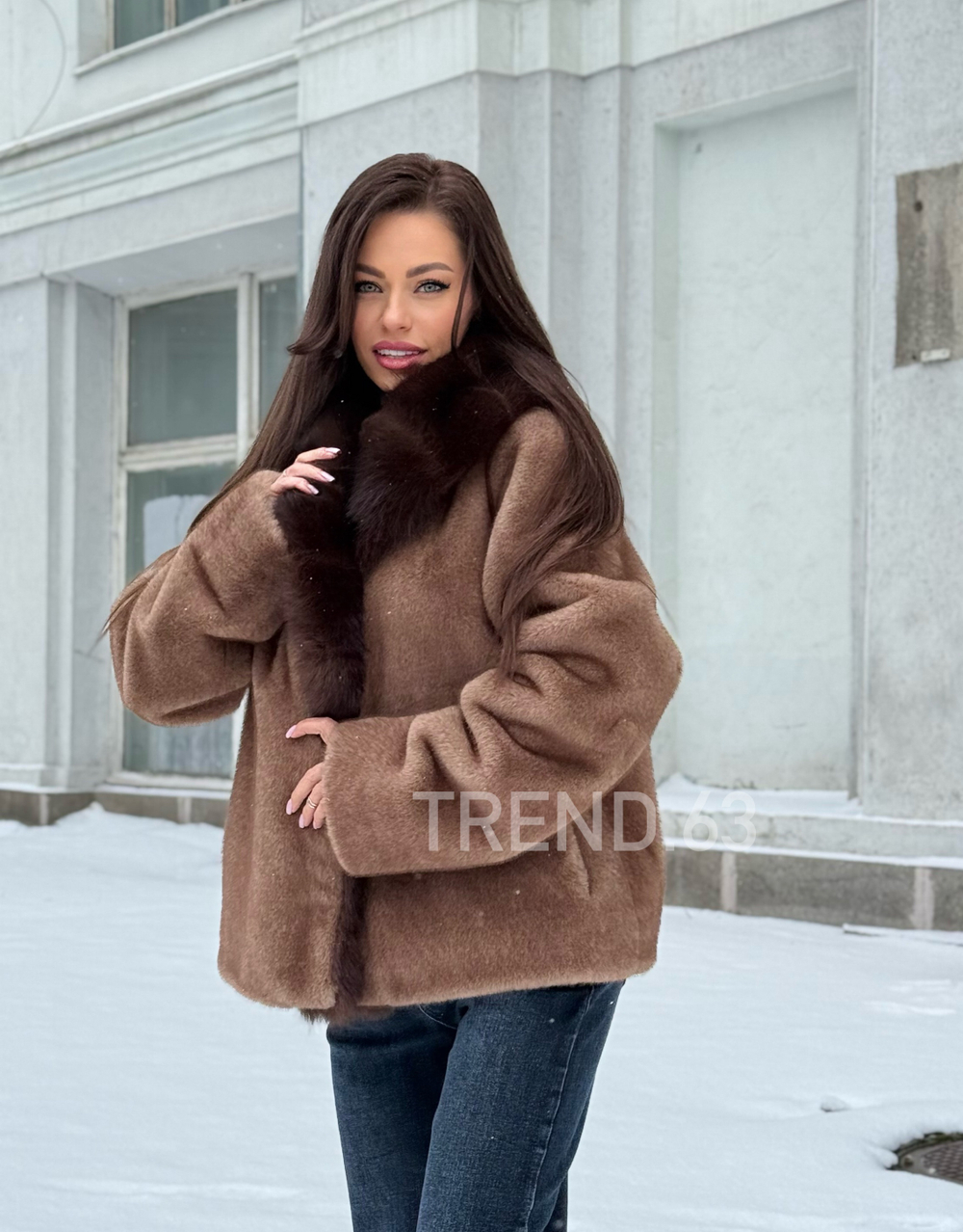 Эко шубка под норку с пушистым воротничком под «соболь»