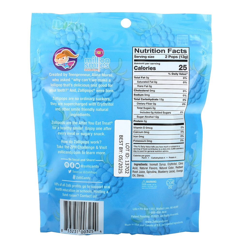 Zollipops, The Clean Teeth Pops, голубая малина, 3,1 унции
