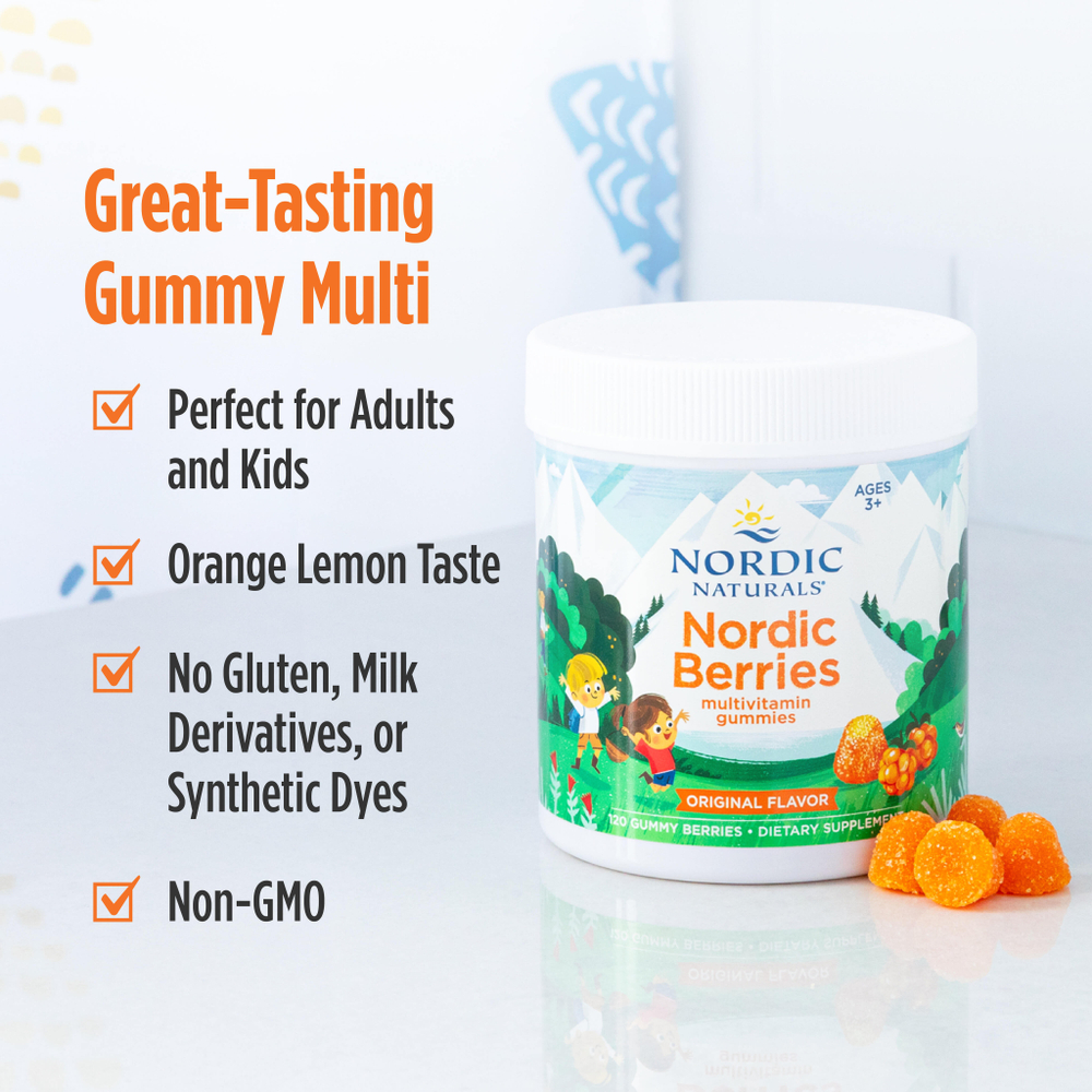 Nordic Naturals, Nordic Berries, мультивитаминные жевательные мармеладки, для детей от 3 лет, апельсин и лимон, 120 жевательных ягод