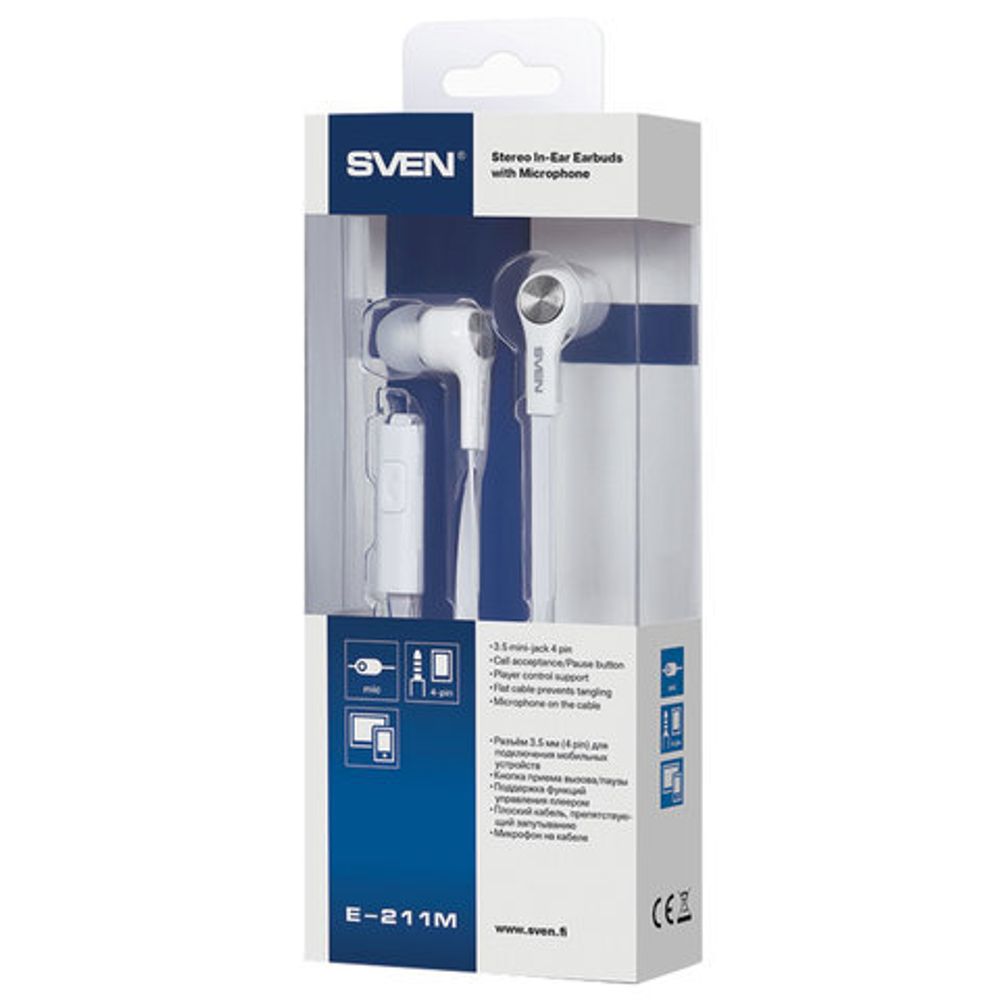 Наушники с микрофоном (гарнитура) SVEN E-211M, проводные, 1,2 м, вкладыши, белый, SV-015749