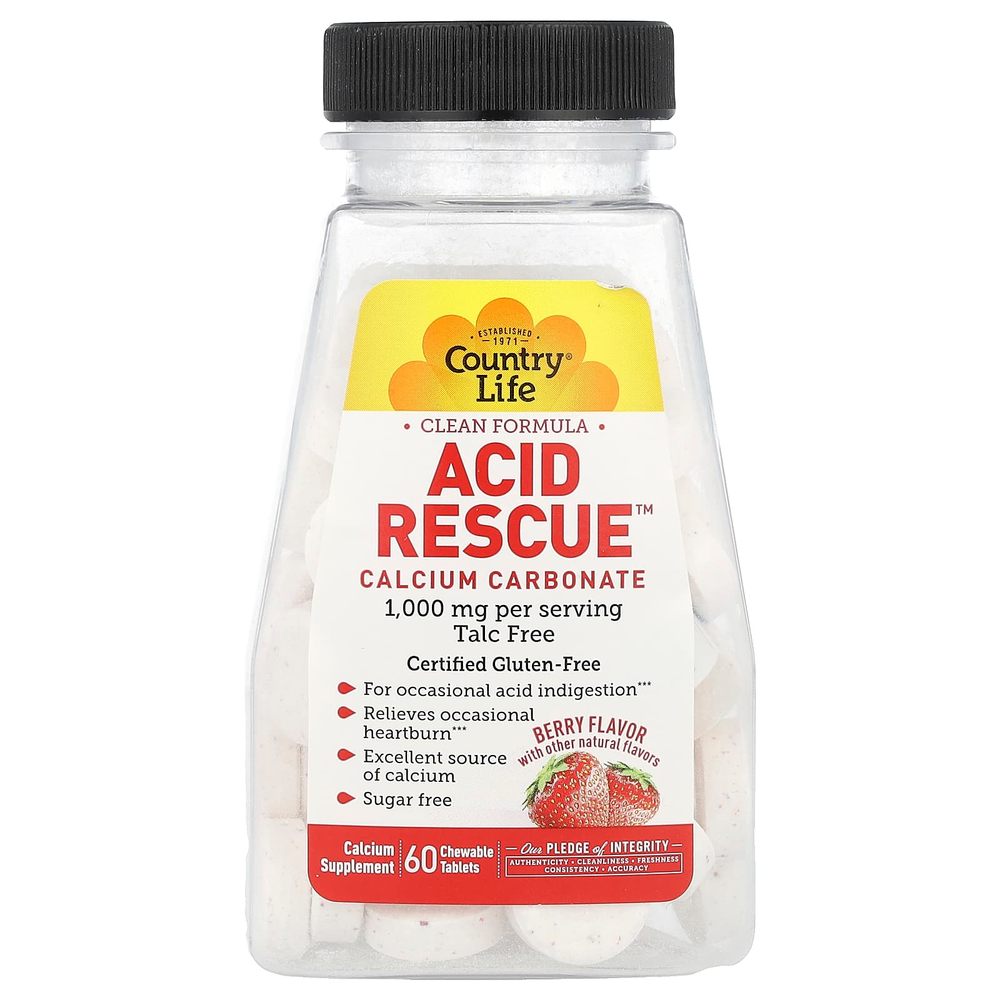 Country Life, Acid Rescue, карбонат кальция, ягодный вкус, 60 жевательных таблеток