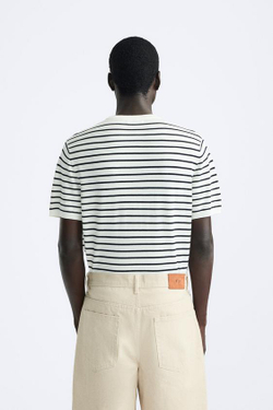 ZARA ФУТБОЛКА ИЗ СМЕСОВОЙ ВИСКОЗЫ, ЭКРЮ/СИНИЙ