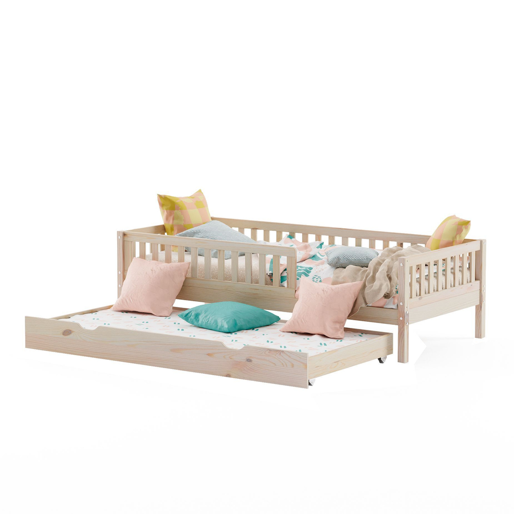 Односпальная кровать 90х190 Лили с выдвижным спальным местом из массива сосны, лак