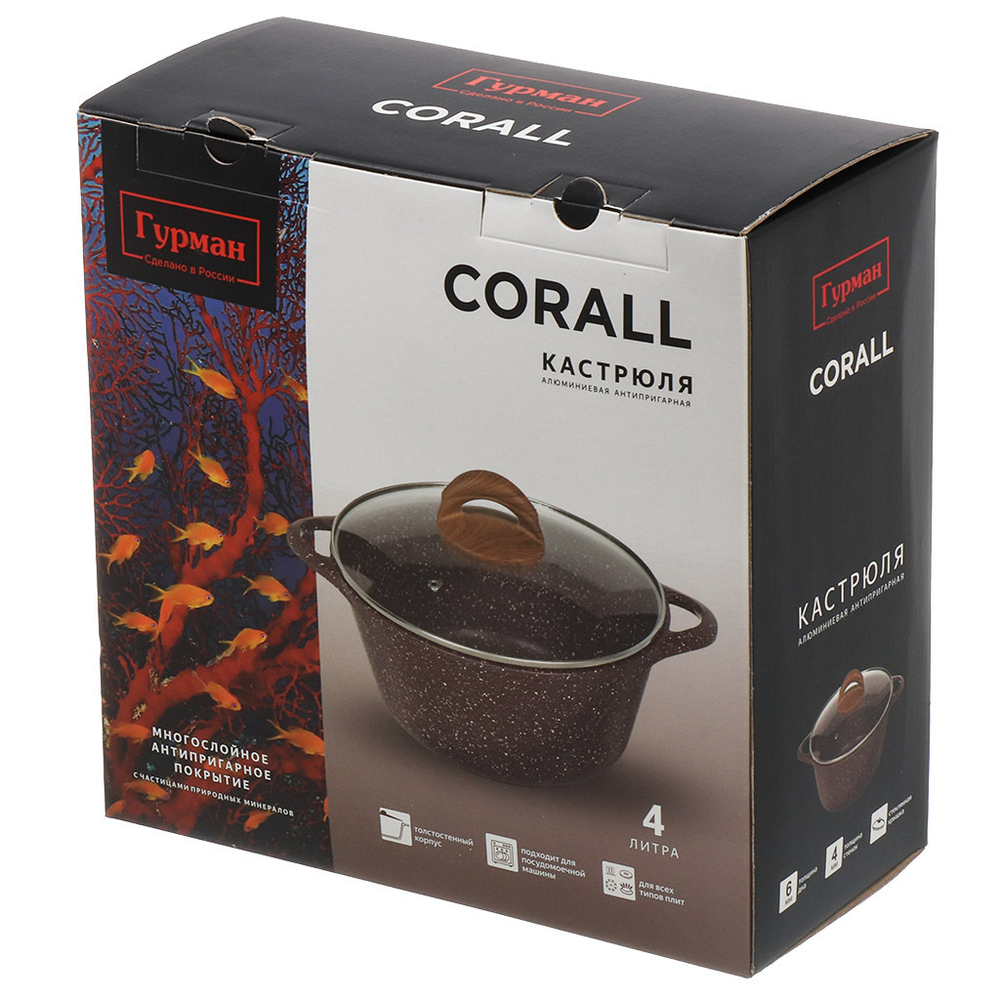 Кастрюля алюм, антиприг, 4 л, с крыш, крыш стекло, кругл, Гурман, Coral, ГМк403КР, индукц