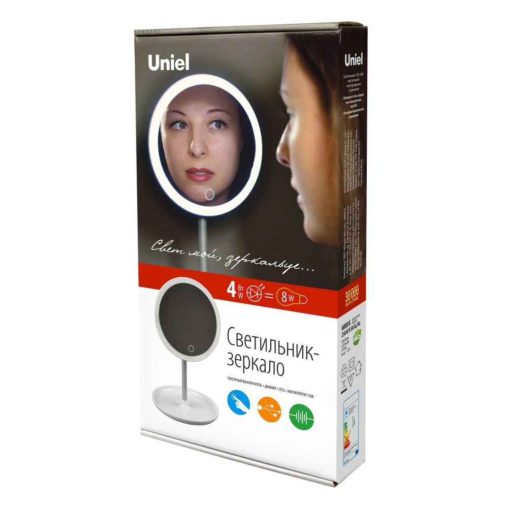 TLD-590 White-LED-80Lm-6000K-Dimmer Настольный светильник зеркало. 4W. Встроенный аккумулятор 3.7V-600mAh. Сенсорный выключатель. Диммер. Белый. ТМ Uniel