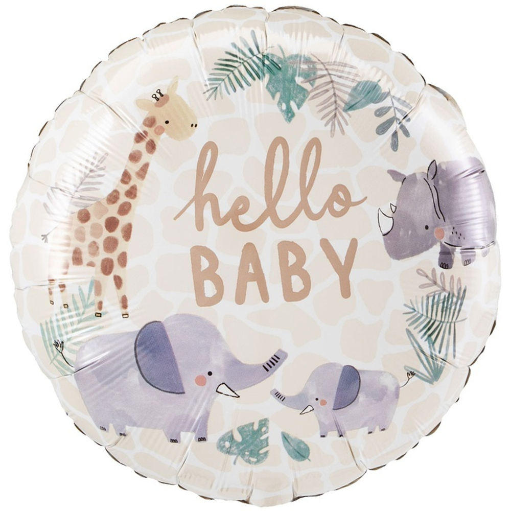 Фольгированная фигура, круг, HELLO BABY Жираф Слон Носорог S40,18"/46СМ