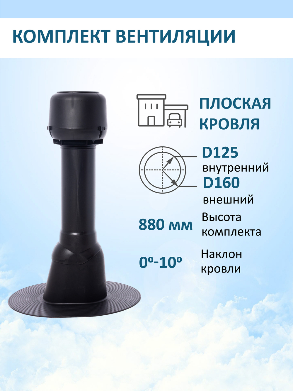 Комплект вентиляции: Вентиляционный выход изолированный D125/160/700 утепленный, проходной элемент для плоской кровли ТП-187, колпак вентиляционный TP D 160 мм, серый