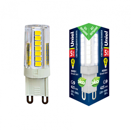 LED-JCD-5W-4000K-G9-CL GLZ09TR Лампа светодиодная. прозрачная. Белый свет 4000К. Картон. ТМ Uniel.