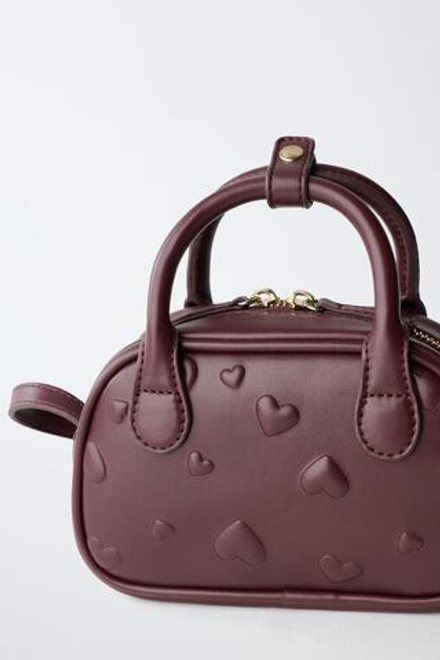 ZARA МИНИ-СУМКА-БОУЛИНГ С СЕРДЕЧКАМИ, БОРДОВО-КРАСНЫЙ
