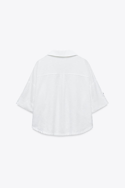 ZARA УКОРОЧЕННАЯ РУБАШКА ИЗ СМЕСОВОГО ЛЬНА, БЕЛЫЙ