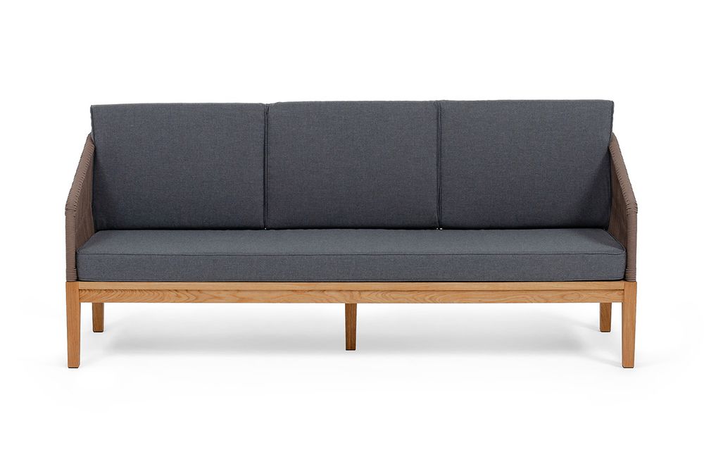 "Канны" диван 3-местный плетеный из роупа, основание дуб, роуп коричневый круглый, ткань темно-серая 027