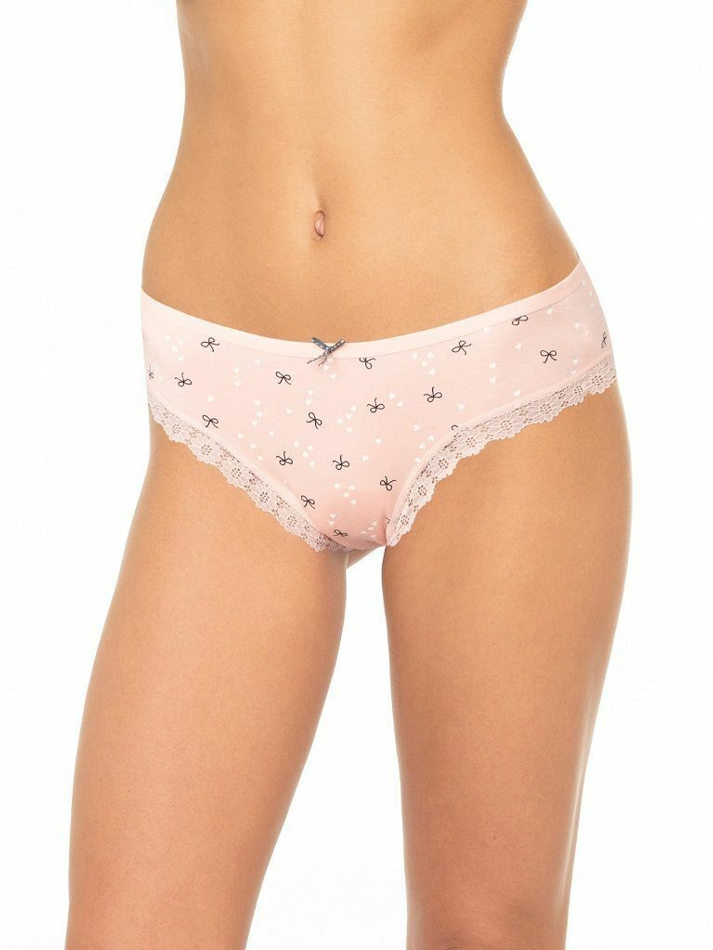 Трусики-слипы с кружевной оторочкой и принтом в виде бантиков и сердечек (Размер: XL) (Цвет: белый)