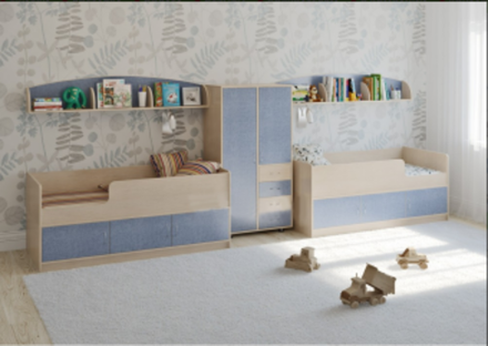 Детская стенка КарИВи Л-№19  Дуб Молочный Светло-синий, голубой