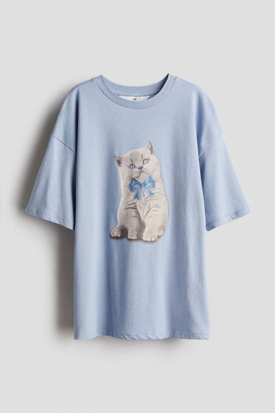 H&M Футболка оверсйз с принтом, светло-голубой