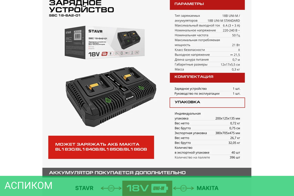Зарядное устройство для инструмента Ставр SBC 18-6A2-01 (9120118103)