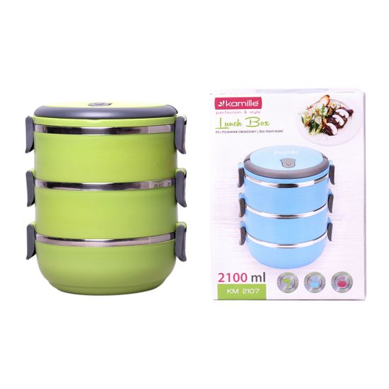 Ланч бокс тройной 2100 мл. круглый Kamille KM-2107 (пластик, нержавеющая сталь)