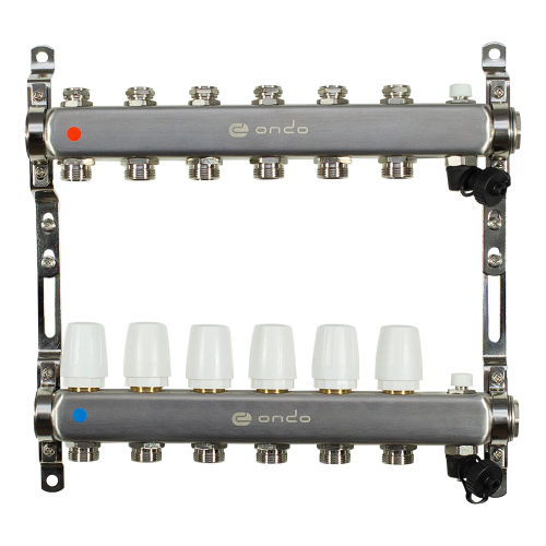 Группа коллекторная ONDO нерж сталь 6 вых. в сборе с термостатическими и запорными клапанами