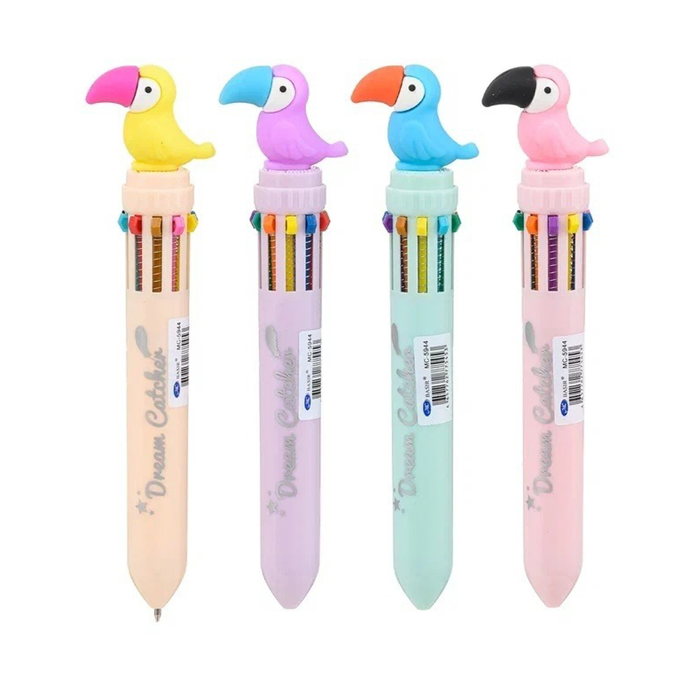 Ручка шариковая, автоматическая, 10в1, Basir, серия "ТУКАН", 10-ти цветная, с резиновой фигуркой, 36 шт