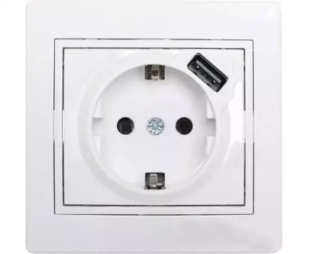 Розетка Мира с заземлением 16А с USB 2,1А скрытой установки белая