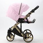 Детская коляска Adamex Chantal Special Edition Deluxe 2 в 1 C132-B (РОЗОВ.ЗЕФИР.КОЖА/ ЧЕРН.РИФЛЕН. ДНО + ЗОЛОТ РАМА)