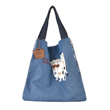 Сумка-шоппер большая с 2 отсеками на кнопке-магните, "NEKOMARUKE", синий, 23-6520-3, KUSUGURU