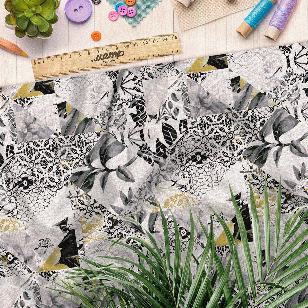 Ткань интерлок абстрактные ромбы с листьями