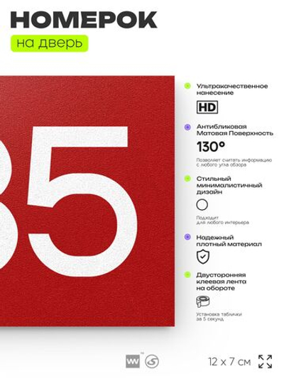 Номер на дверь 435, табличка на дверь для офиса, квартиры, кабинета, аудитории, склада, красная 120х70 мм, Айдентика Технолоджи