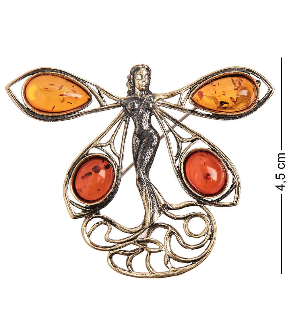AM-1663 Брошь «Стрекоза Фея» (латунь, янтарь)