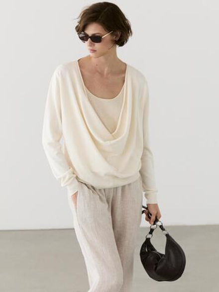Massimo Dutti Свитер из смесового хлопка с драпированным вырезом, натуральный/кремовый