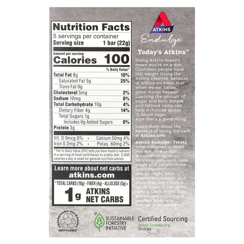 Atkins, Endulge ™, хрустящий батончик, 5 батончиков, 22 г (0,78 унции)