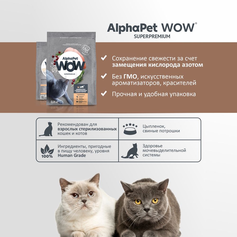 Сухой корм AlphaPet WOW Superpremium для взрослых стерилизованных кошек и котов c цыпленком Сухой корм AlphaPet WOW Superpremium для взрослых стерилизованных кошек и котов c цыпленком
