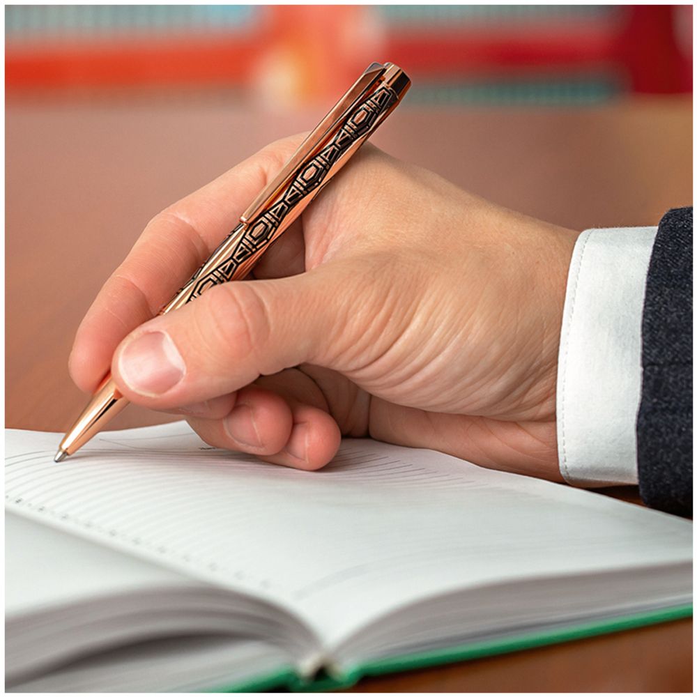 Ручка шариковая Delucci "Furia" синяя, медь/гравир. черным, с кристал., поворот., подарочная упаковка